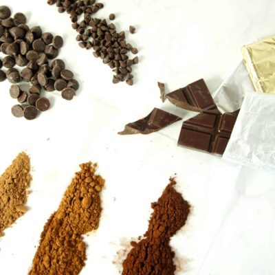 A variety of chocolate products including cocoa powder, chocolate chips, and chocolate bars