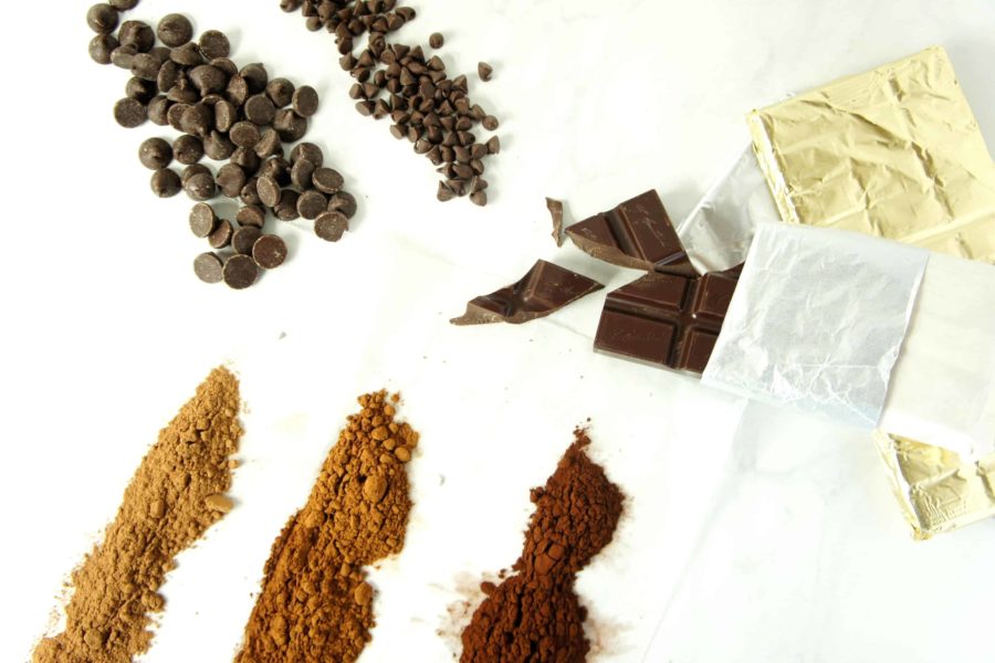 A variety of chocolate products including cocoa powder, chocolate chips, and chocolate bars