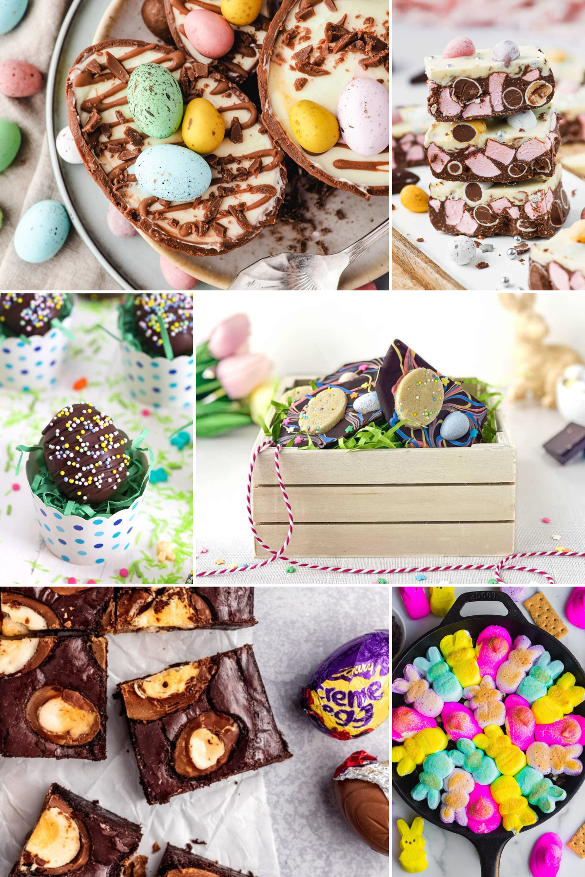 a collection of easter desserts like chocolate bark, brownies, and peanut butter eggs.