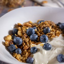 A bowl of homemade granola on yogurt with blueberries