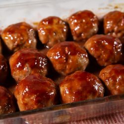 Finished tray of glazed meatballs