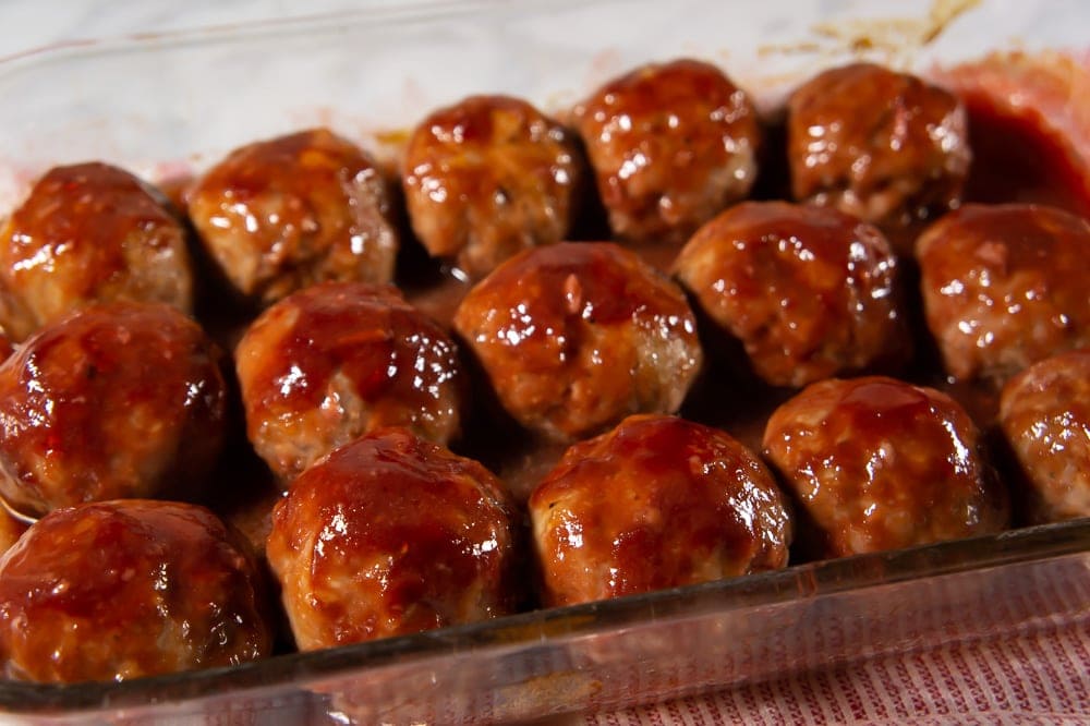 Finished tray of glazed meatballs