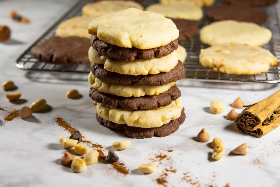 stack of chocolate and plain shortbread cookies