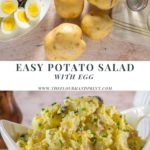 collage of images, one of potato salad ingredients. Potatoes, eggs, olives, pickles, and mayo. Also a bowl of finished potato salad.