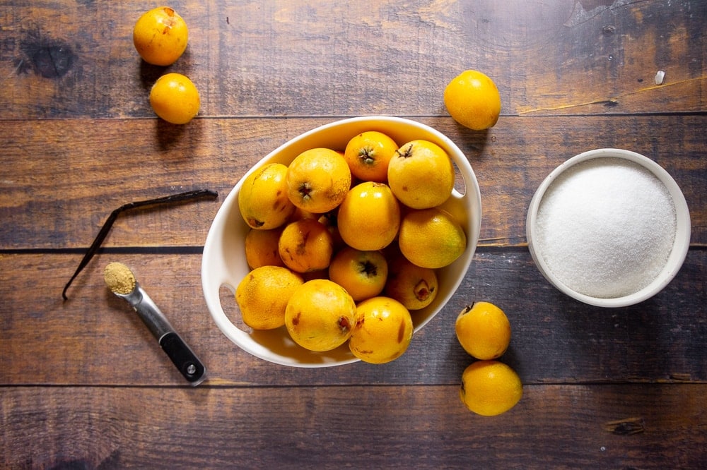 loquats, sugar, vanilla bean, and ground ginger