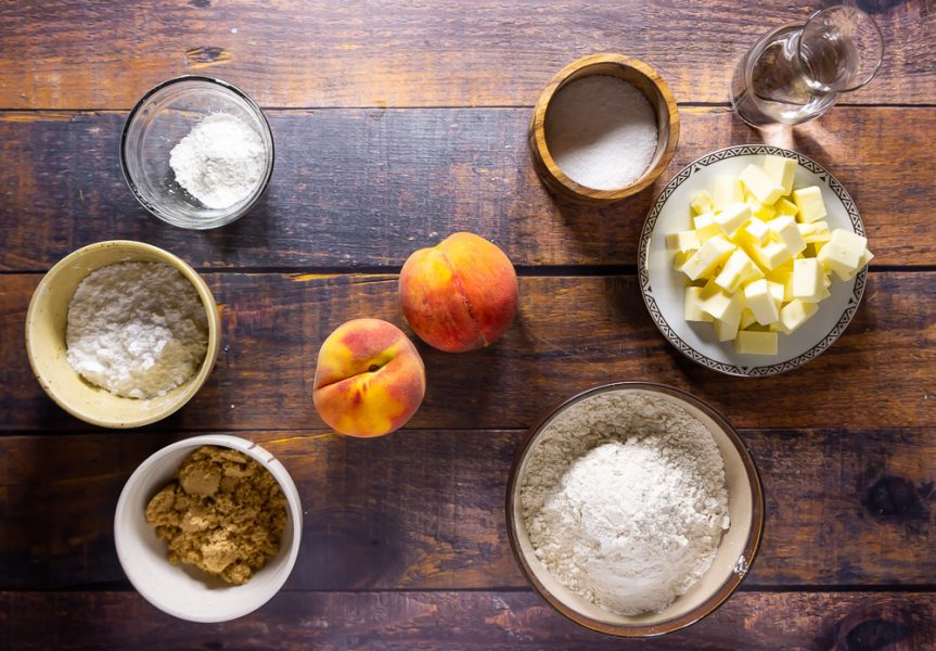 peach hand pie ingredients, peaches, sugar, flour, butter, cornstarch, and water