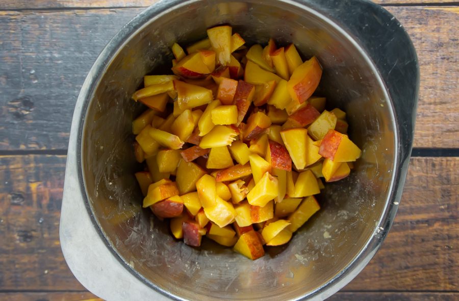 bowl of chopped peaches