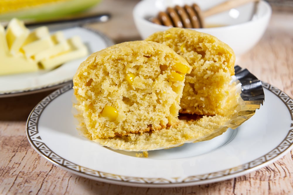 one cornbread muffin cut open