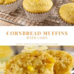 Cooling rack of cornbread muffins then a second picture of a cut open cornbread muffin