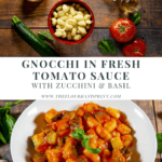 a bowl of uncooked gnocchi next to fresh tomatoes, zucchini, and basil above a bowl of cooked gnocchi in sauce
