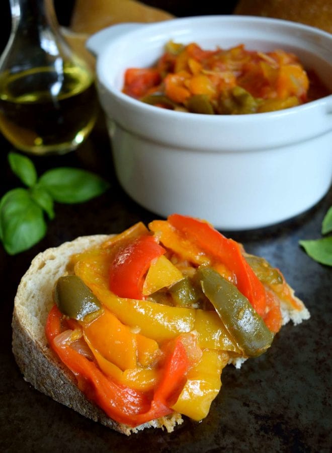 stewed peppers on a piece of bread