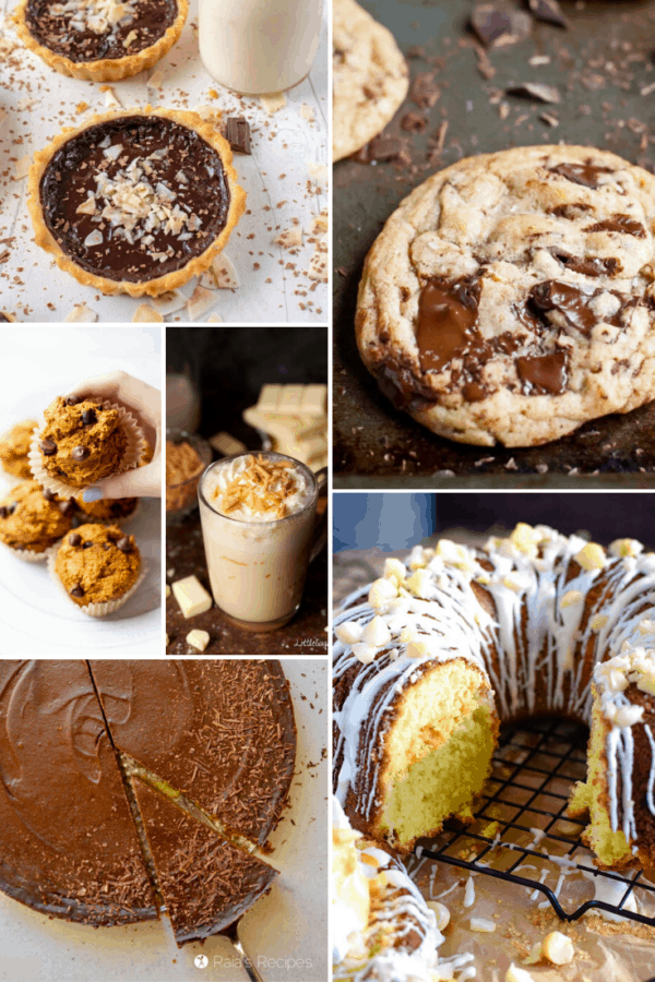 A collage of chocolate baked goods like chocolate chip cookies, chocolate pies, chocolate muffins, chocolate cake, and hot chocolate