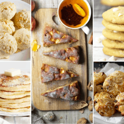 a bowl of biscuits, a stack of pancakes, a stack of cookies, a bowl of scones, and a platter of cake slices