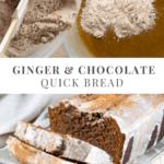 A bowl of wet ingredients with flour and spices being mixed in over an image of a sliced loaf of cocoa gingerbread coated with white spiced icing.