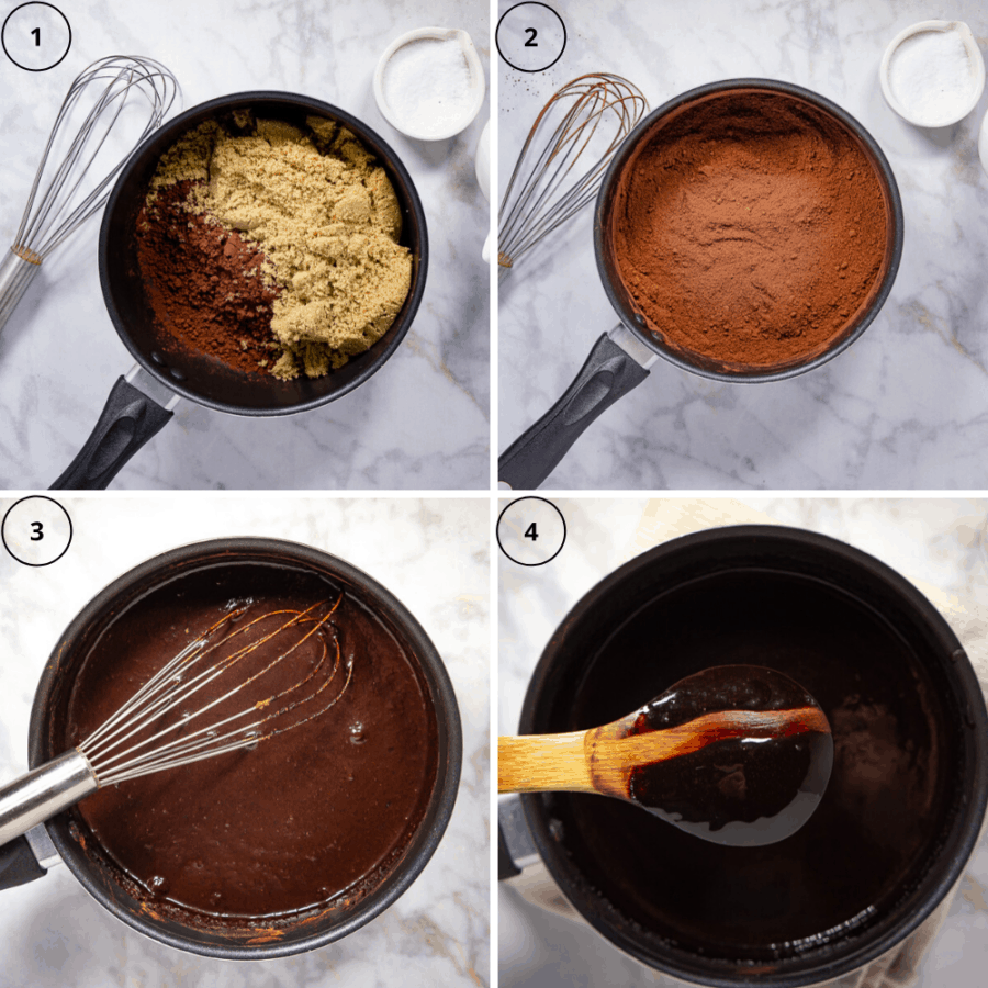 a black saucepan with brown sugar and cocoa powder added, then the two whisked together, then with water added and whisked until smooth, then the finished sauce with a wooden spoon held over top with a trail wiped across the back