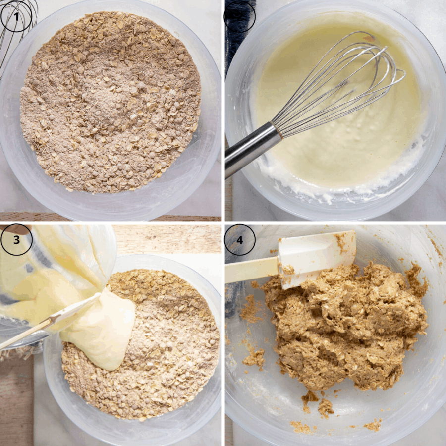 The process of making oatmeal muffins in 4 images, the first the dry ingredients mixed together, the second a bowl of white batter of the wet ingredients mixed, the third of the wet ingredients being poured into the dry, and the third of the thick, oat studded light brown batter.