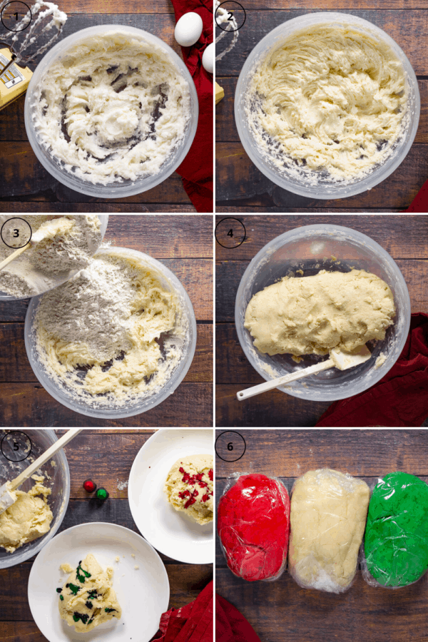 A 6 part process collage, first a bowl of creamed sugar and shortening, then with eggs added, then with flour being added, next with the plain dough formed, then the dough split and being colored with dye, and finally three doughs, one red, one green, and one plain.