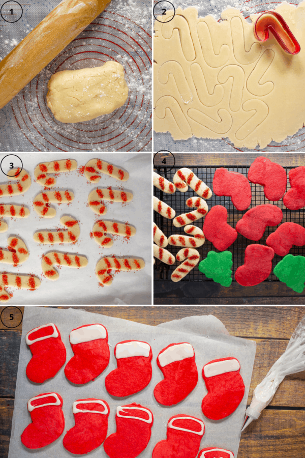 A 5 part process collage beginning with a rolling pin beside a ball of dough, next the dough rolled out and a candy cane cookie cutter, then a cookie sheet with cut out cookies on it, then a cooling rack of baked sugar cookies, and finally cookies being iced.