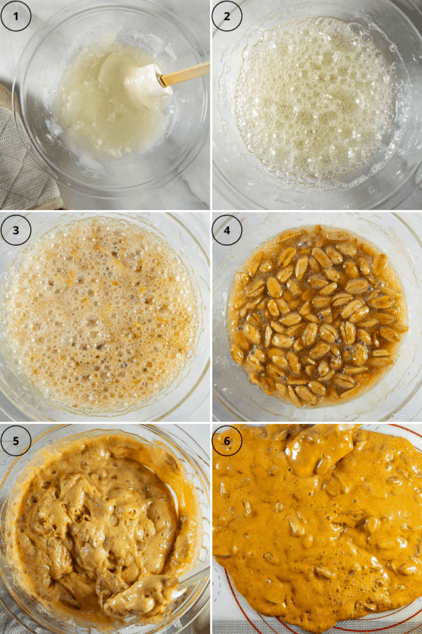 6 part process collage for making microwave brittle, the sugar mixed, then boiling, then it beginning to caramelize, then it darker with peanuts in it, then it foaming with baking soda added, then it spread on a baking mat