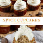 a wooden board of spice cupcakes above an image of a single cupcake with a bite taken from it.