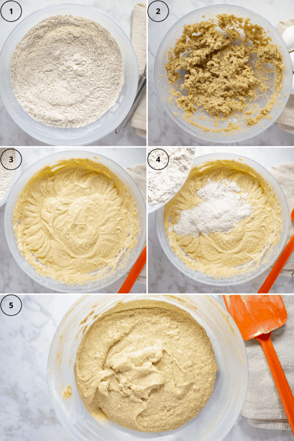 a bowl of flour and spices blended, then an image of butter and sugar blended together, then of it mixed with eggs and vanilla, then it mixed with the flour