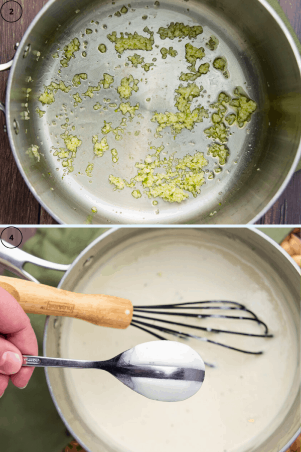 a pot with sauteed garlic over an image of the same pot full of creamy asiago sauce