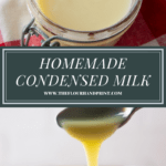 a jar of sweetened condensed milk with another image below it of a spoon drizzling it.
