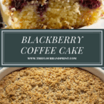 a slice of blackberry coffee cake over an image of the cake from above with the crumb topping baked brown