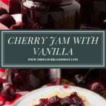 a jar of jam with cherries being scooped out over a biscuit with cherry jam on it