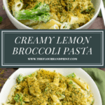 two bowls of creamy lemon pasta with a topping of breadcrumbs on a wooden table
