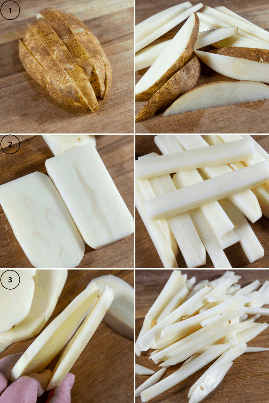 a collage of potato wedges, matchstick cut, and shoestring cut russet potatoes