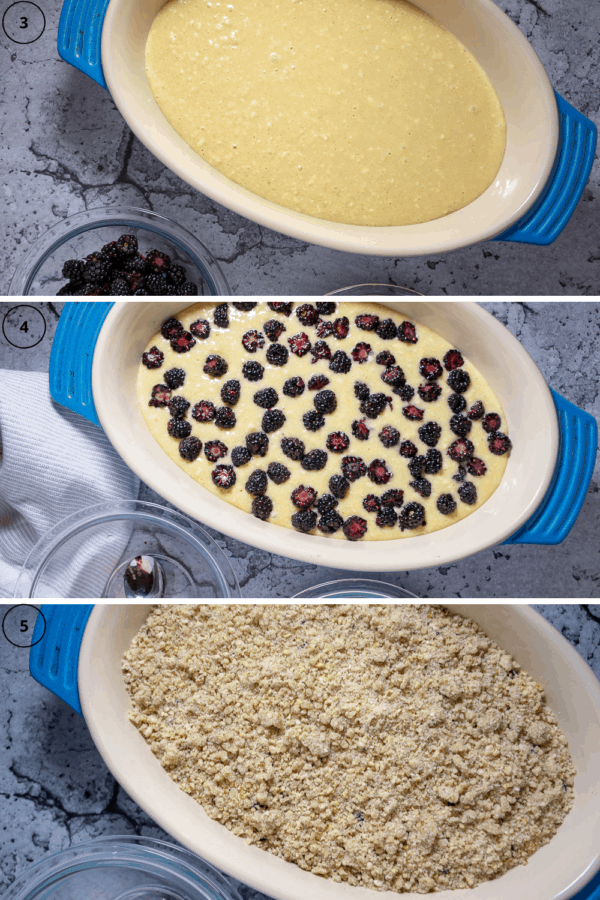 pecan buttermilk cake in three steps, the batter in the pan, then topped with blackberries, then topped with the crumb layer