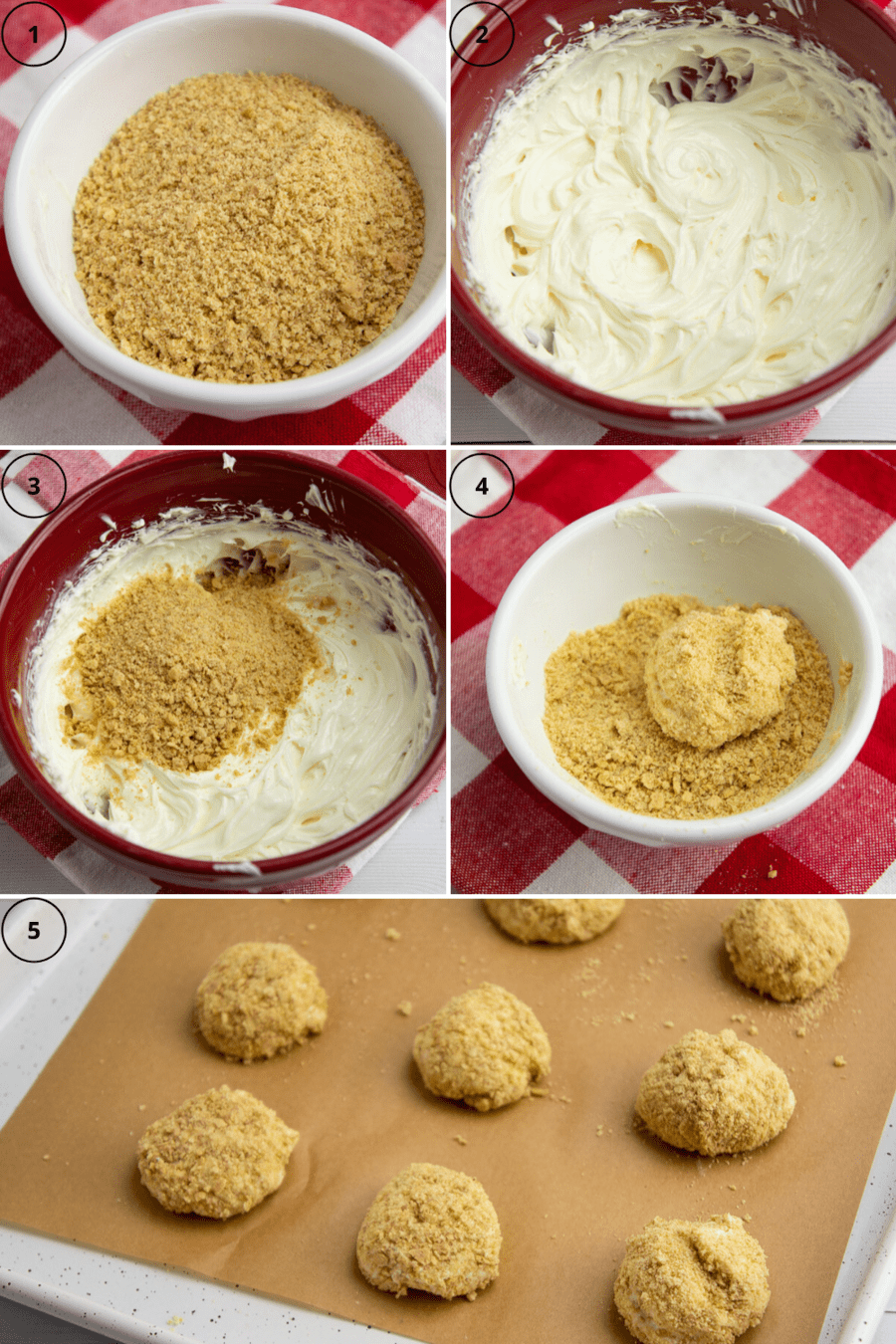 cream cheese and milk being mixed with sugar and graham cracker crumbs and formed into cheesecake bites