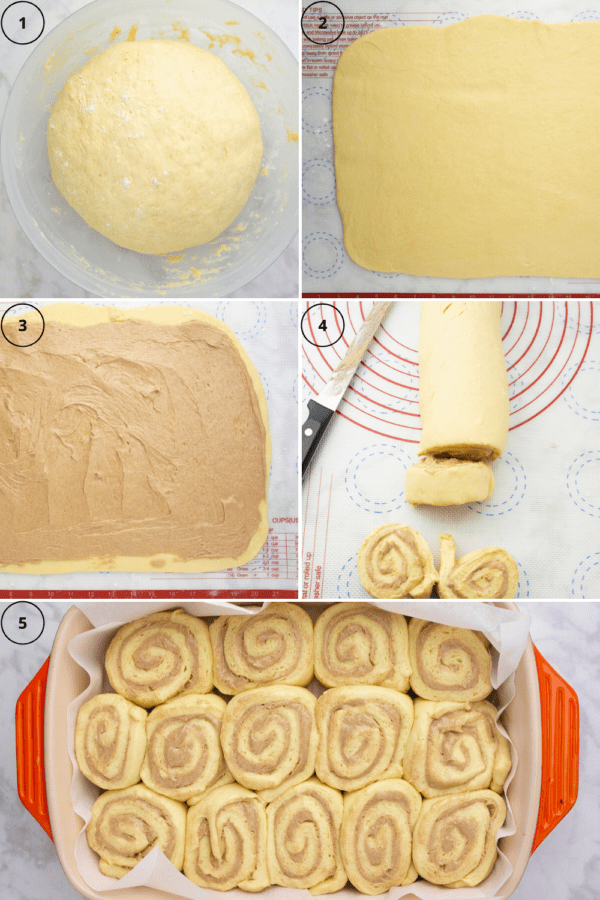 proofed cinnamon roll dough being rolled out and spread with filling before rolling it up and slicing it into buns