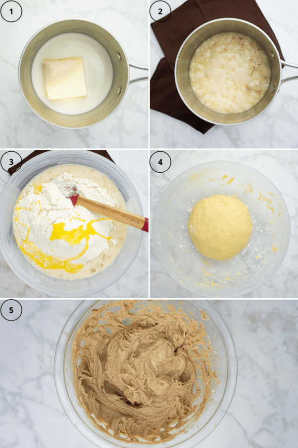 a bowl of butter and milk being proofed with yeast then being mixed with flour and eggs to form a dough. 