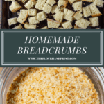a baking sheet of bread chunks over a jar of homemade breadcrumbs