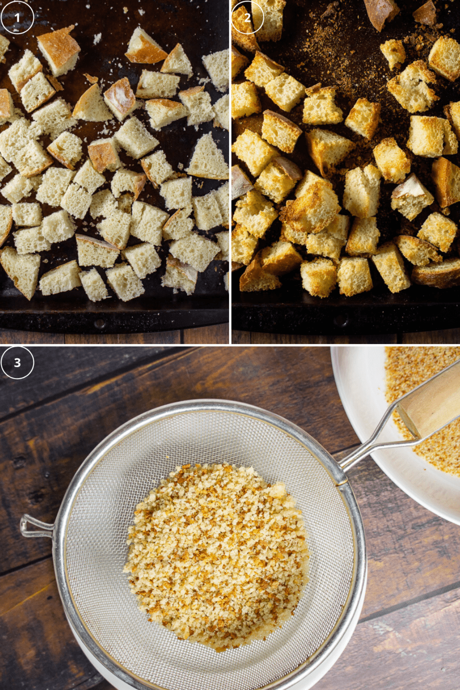 bread chunks before and after toasting on a baking sheet above a picture of a strainer sifting finer breadcrumbs away from larger ones.