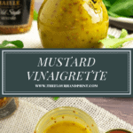 a glass pour bottle of mustard dressing over an open jar of the dressing just mixed