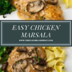 two chicken breasts on white plates with marsala sauce, broccoli, and pasta