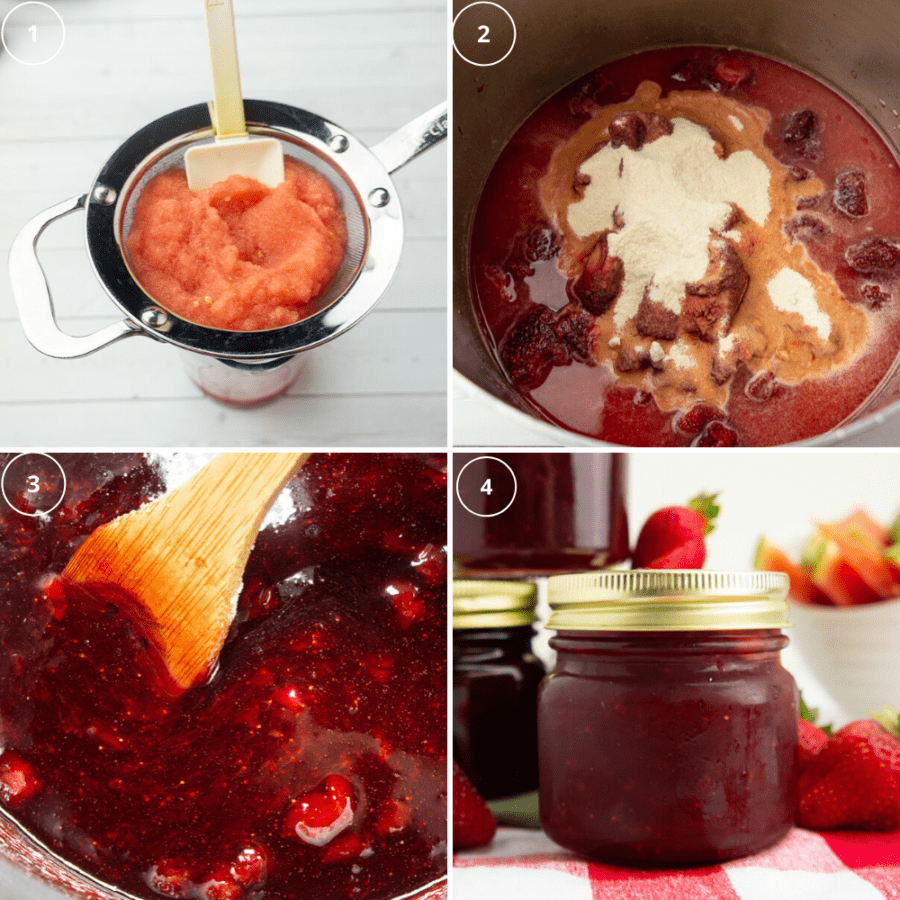 a sieve with watermelon being drained, a large pot with strawberries, pectin and watermelon juice in it, that same large pot with the cooked jam in it, and jars of finished jam on a red checked towel
