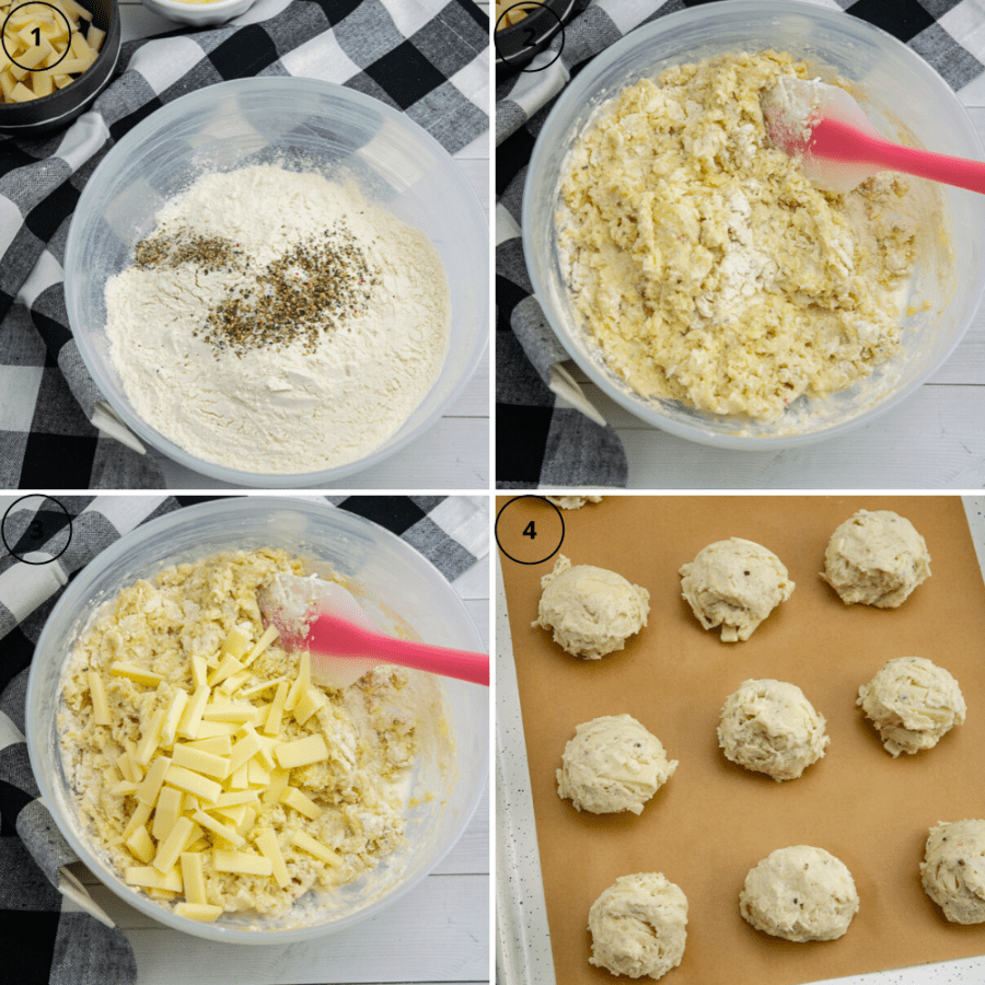 a white bowl with flour and pepper in it, then the bowl with milk and butter mixed in, then the same bowl with cheese mixed in, and finally a baking sheet with the biscuits scooped onto parchment paper. 