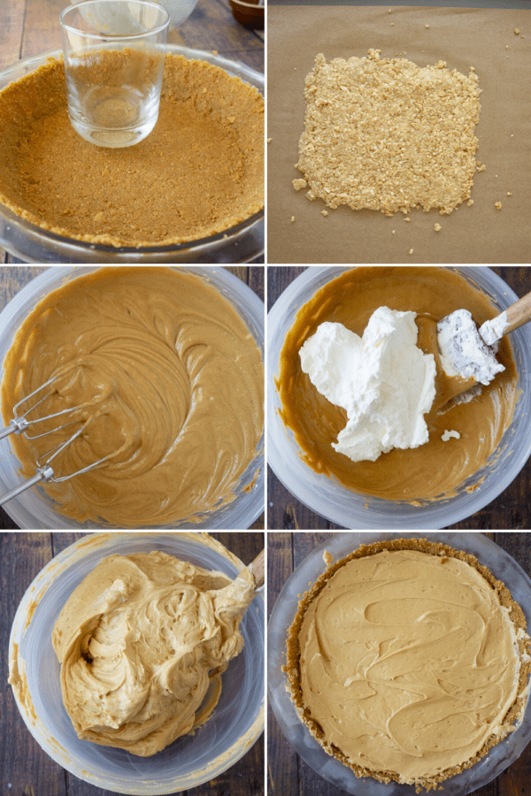 graham cracker crust and peanut crumbles being formed beside a bowl of peanut butter filling being mixed with whipped cream and added to the pie crust