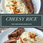two white round plates with steak and cheesy bacon rice on the side