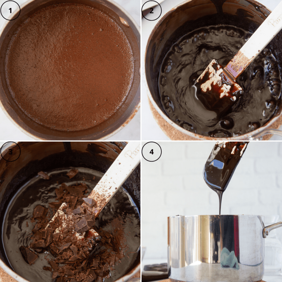 a pot of chocolate going through the stages to be hot fudge, foaming, bubbling, added chocolate, then being drizzled from a spoon