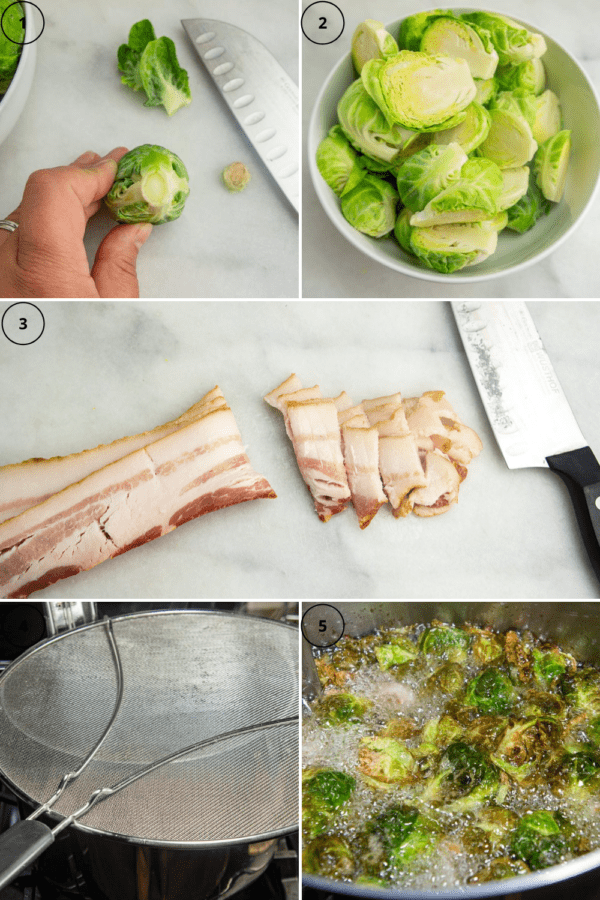brussels sprouts being trimmed and chopped with bacon and then deep fried together