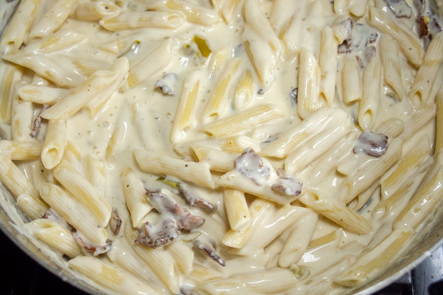 a pan of white cheddar mac and cheese