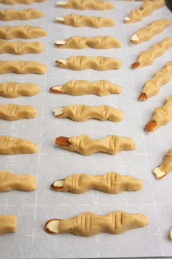 a baking sheet of shortbread witches fingers