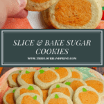 a pumpkin slice and bake cookie being lifted to reveal an identical one behind it above a platter of more cookies