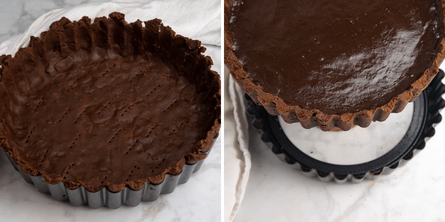 a chocolate tart shell and then teh tart baked and the pan being removed