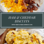 a bowl with flour, milk, bacon, and cheese above a plate of baked ham cheddar biscuits